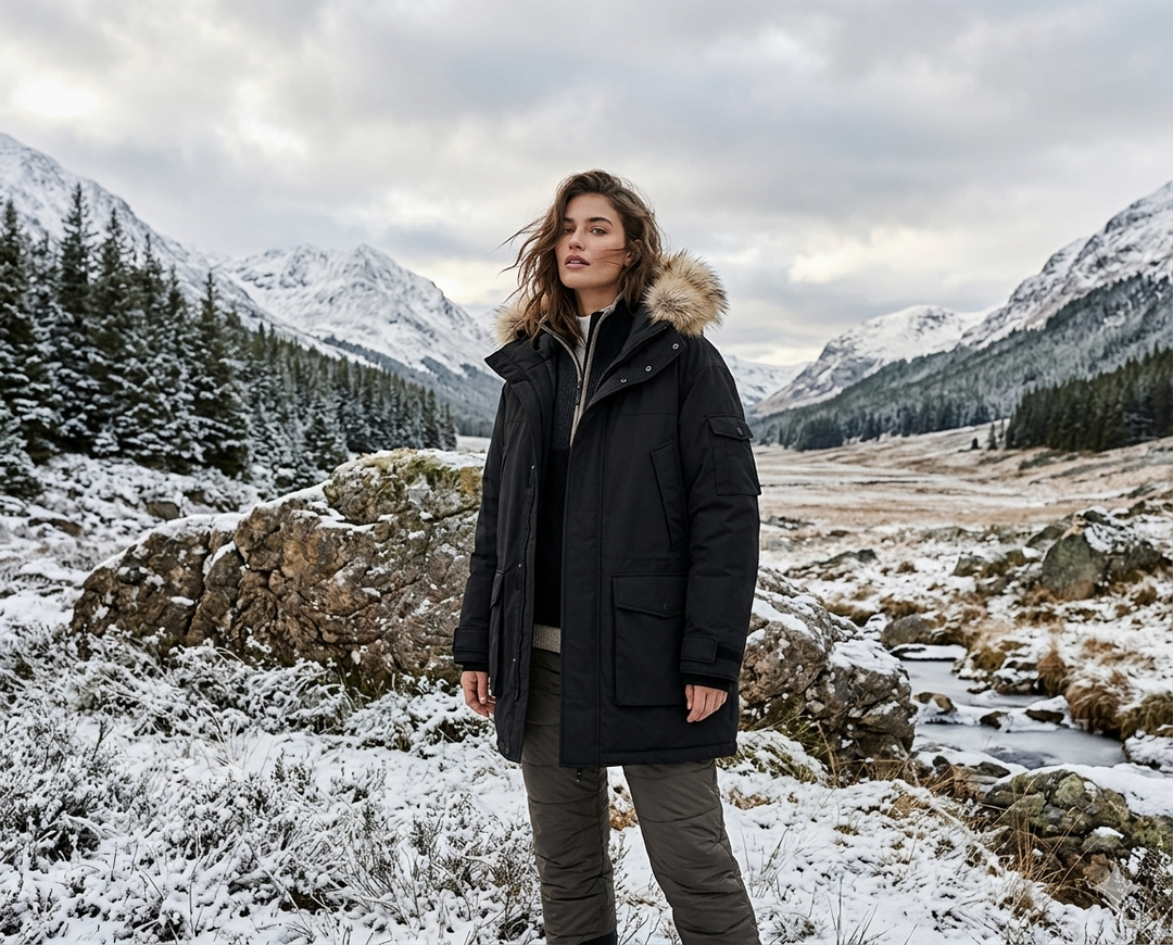 A woman wearing a black fur-hooded parka stands in a snowy mountain valley.