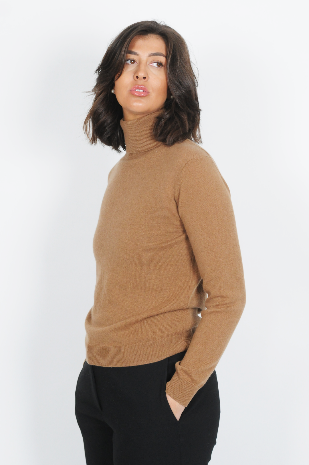 SY-23031 Turtleneck - 100 % ren kashmir - kvinnor - mörk kamel