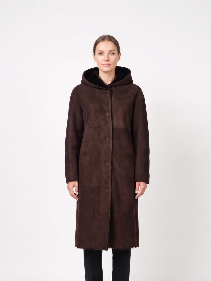 Ausron-A, 110 cm. - Hood Suede Lamb - Women Dark Brown