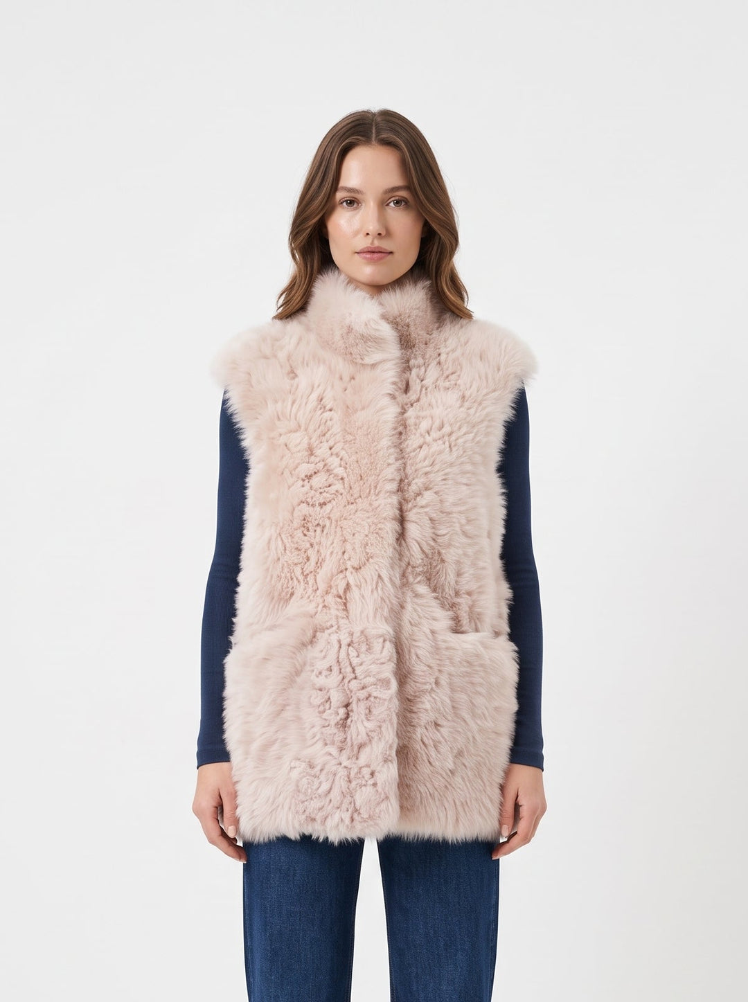 Jessica, 68 cm. -Kragen – Wildlederlamm – Damen – Hellbeige