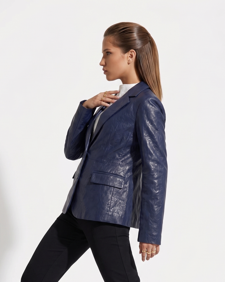 Nina Blazer, 60 cm. - Lamb Dior Bonded Leather-Women - Dusty Blue