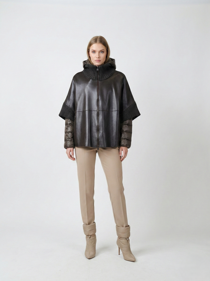 Lucia - Kapuze, 65 cm. - Lamm-Malli-Leder – Damen – Schwarz