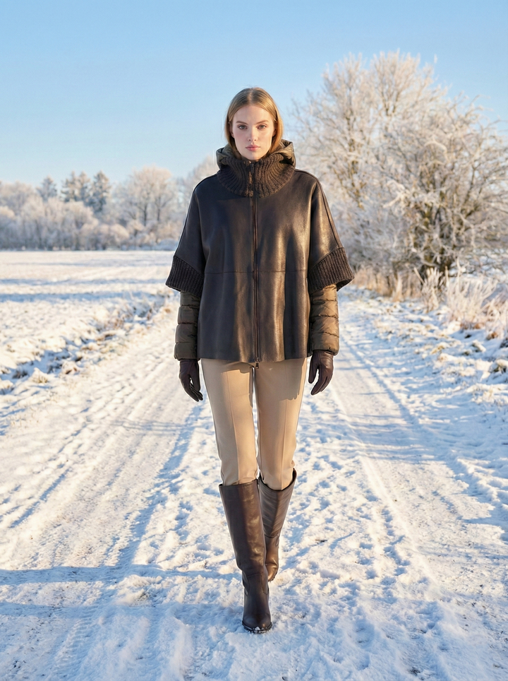 Lucia - Kapuze, 65 cm. - Lamm-Malli-Leder – Damen – Schwarz