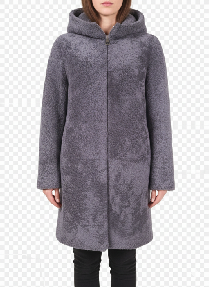 Delaney, 87 cm. - Kapuze - Curly Lamb - Damen - Segred Grey