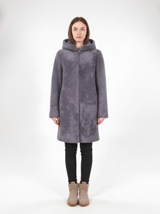 Delaney, 87 cm. - Kapuze - Curly Lamb - Damen - Segred Grey