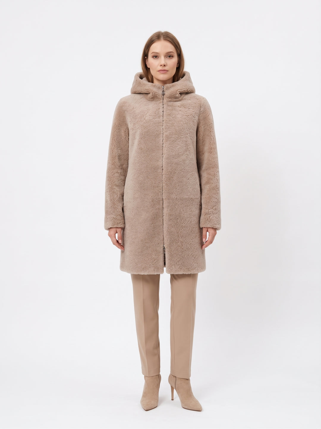 Delaney, 87 cm. - Hood Curly Lamb - Women Dark Beige
