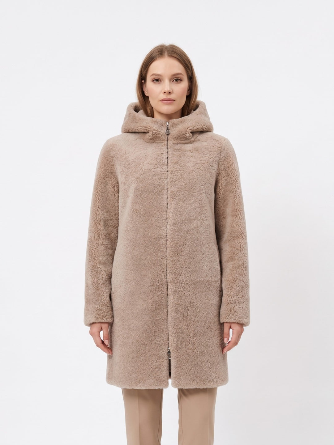 Delaney, 87 cm. - Hood Curly Lamb - Women Dark Beige