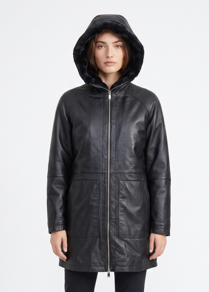 Danyal, 82 cm. - Skinnjakke med hette - Dame - Sort