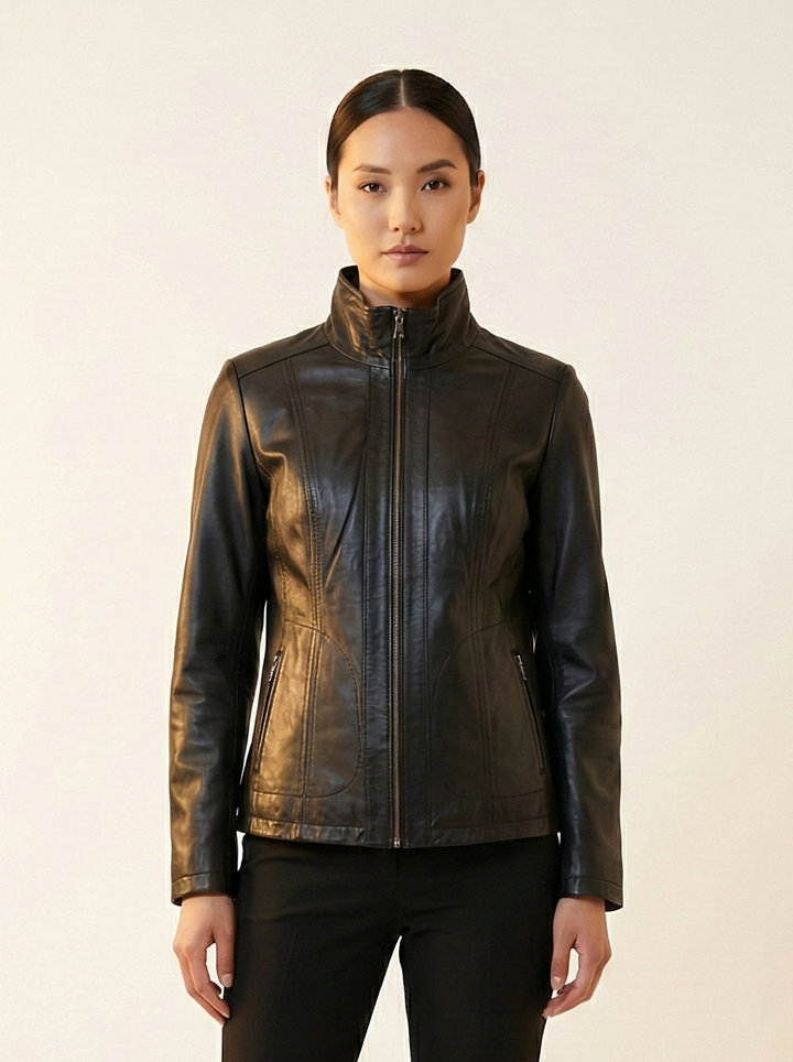 Hanne, 60 cm. - Lamb Malli læderjakke - Kvinder - Sort