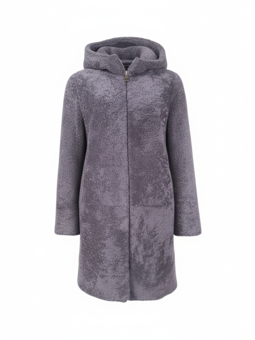 Delaney, 87 cm. - Kapuze - Curly Lamb - Damen - Segred Grey