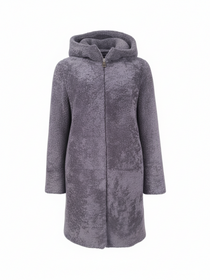 Delaney, 87 cm. - Kapuze - Curly Lamb - Damen - Segred Grey