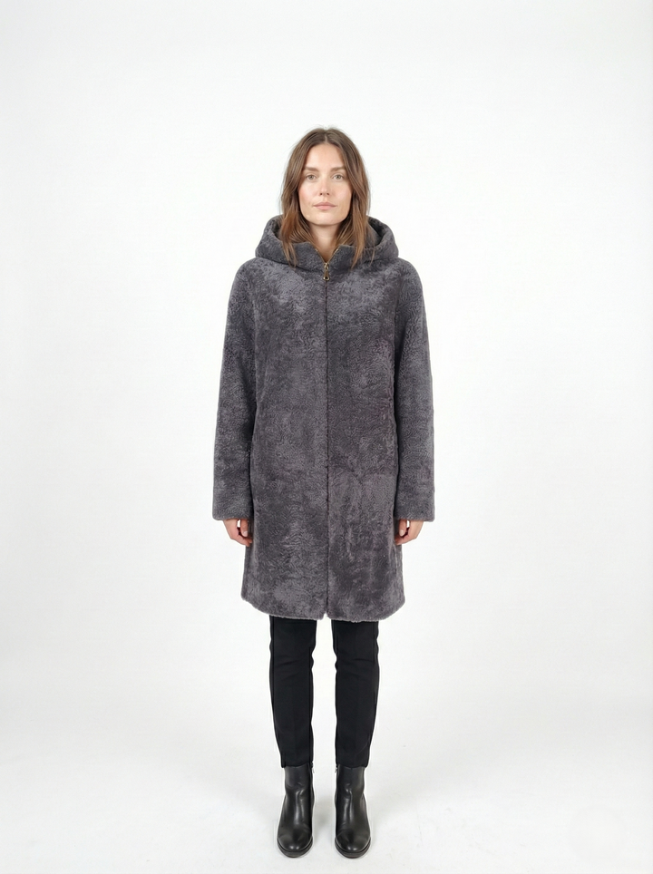 Delaney, 87 cm. - Hood - Curly Lamb - Women - Seegred Grey