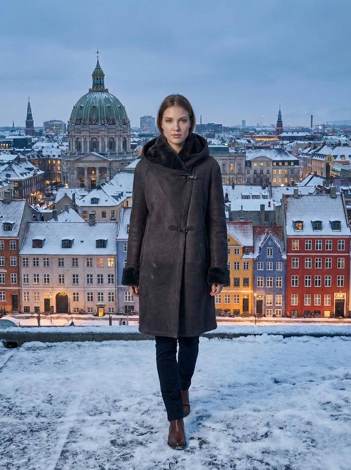 969, 90 cm. - Kapuze - Wildlederlamm - Damen - Dunkelbraun