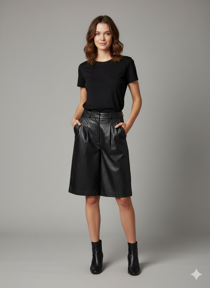 Marina Shorts - Lamb Thick Dace Leather -Women - Black