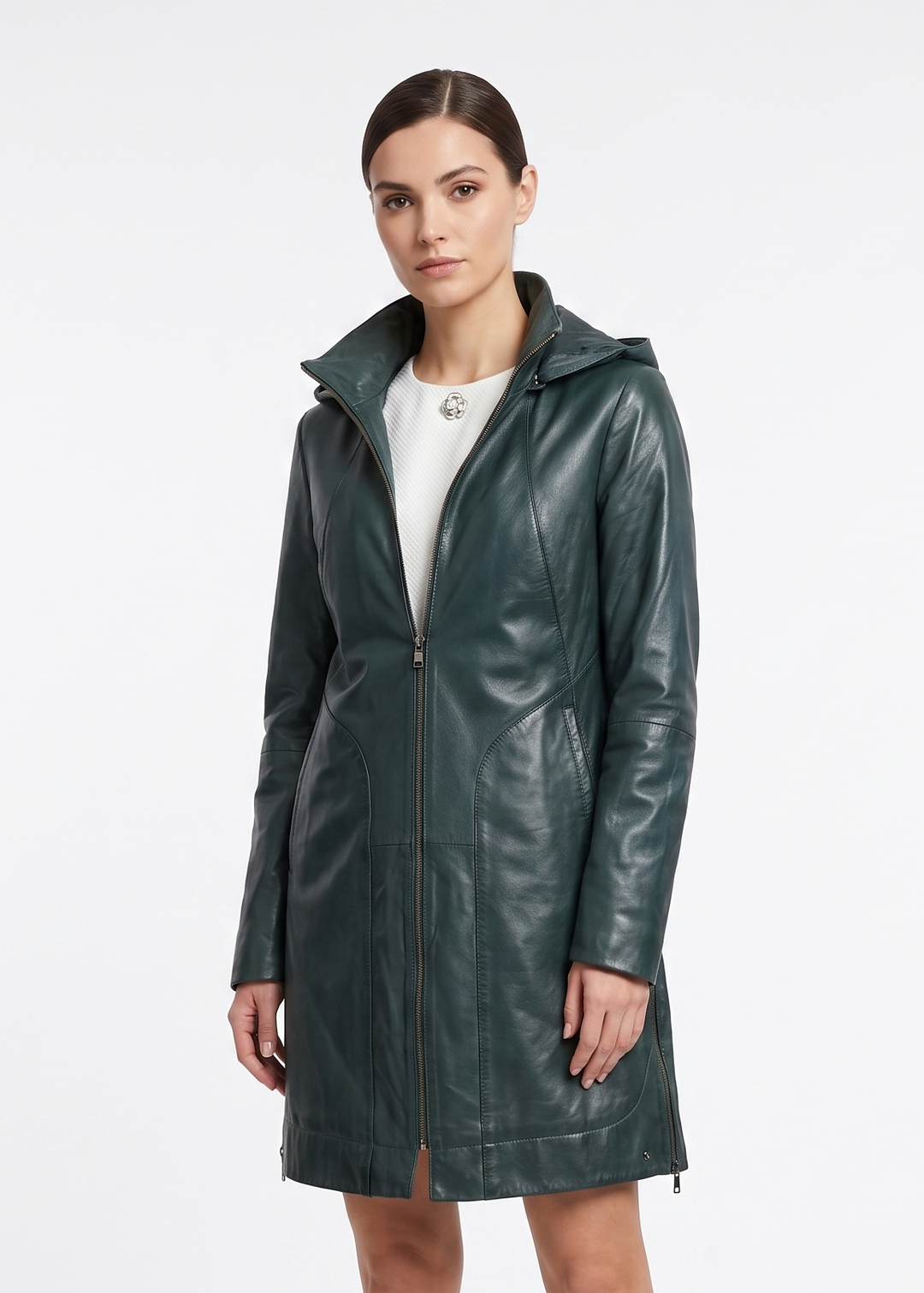 Aliana, 85 cm. - Hood Lamb Malli Leather - Women Copper Green