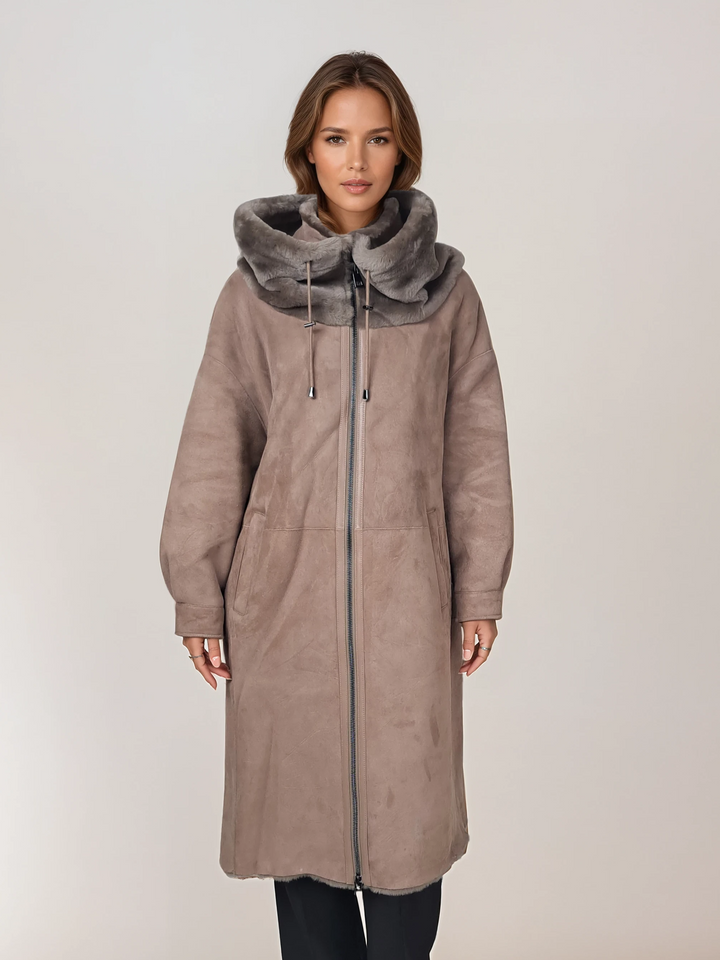 Neue Gabiana, 108 cm. - Kapuze – Wildlederlamm – Damen – Dunkle Eiche