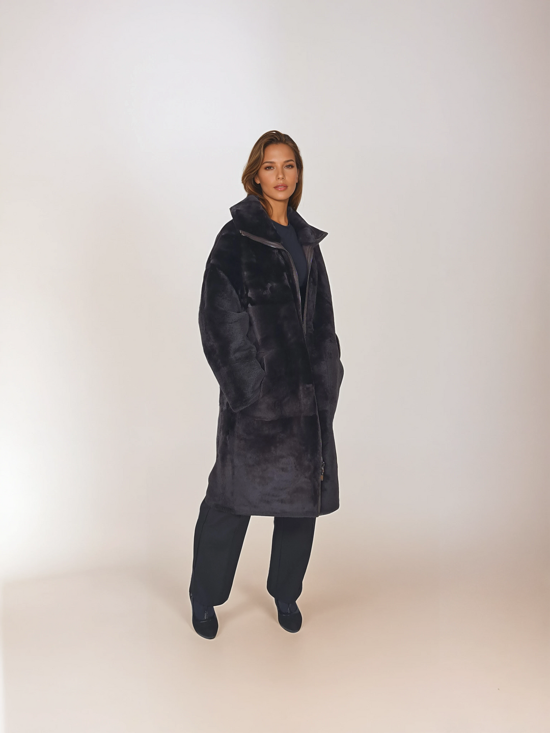 Isilda, 105 cm. - Kragen - Nappa-Lamm - Damen - Dunkelbraun