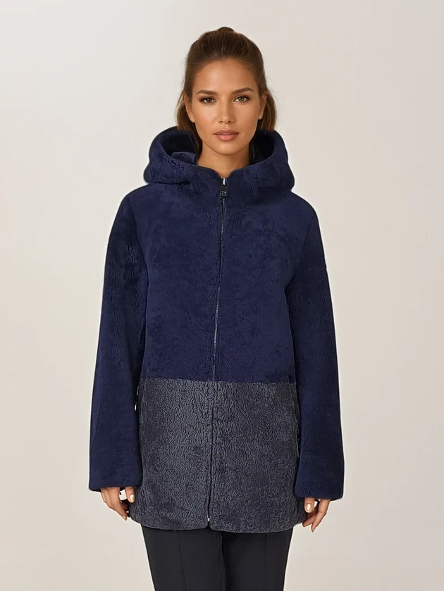 Helena, 75 cm. - Kapuze – Curly Lamb – Damen – Dunkelblau und Segred-Grau