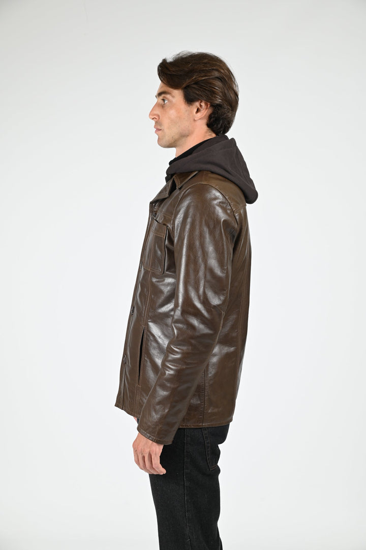 Taggart Brown Hooded Leather Jacket - Men