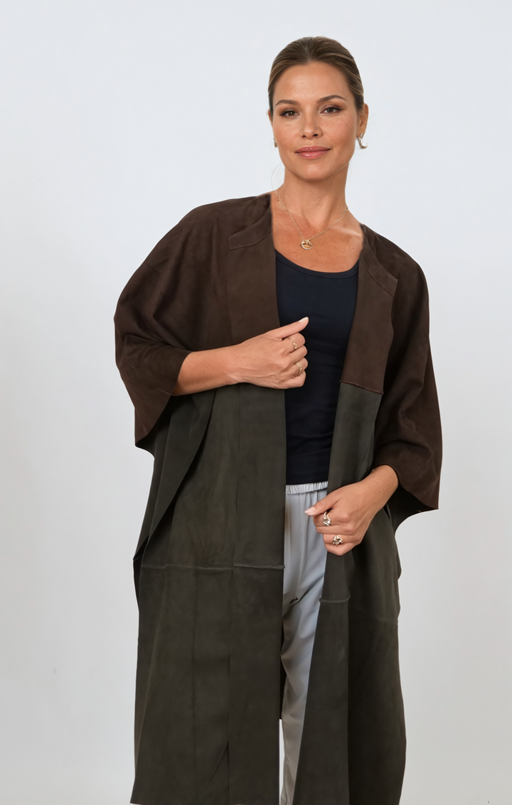 Inna Poncho, 95 cm. – Ziegenwildleder – Damen – Braun &amp; Oliv