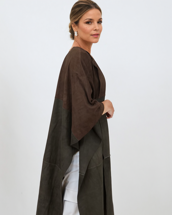 Inna Poncho, 95 cm. – Ziegenwildleder – Damen – Braun &amp; Oliv