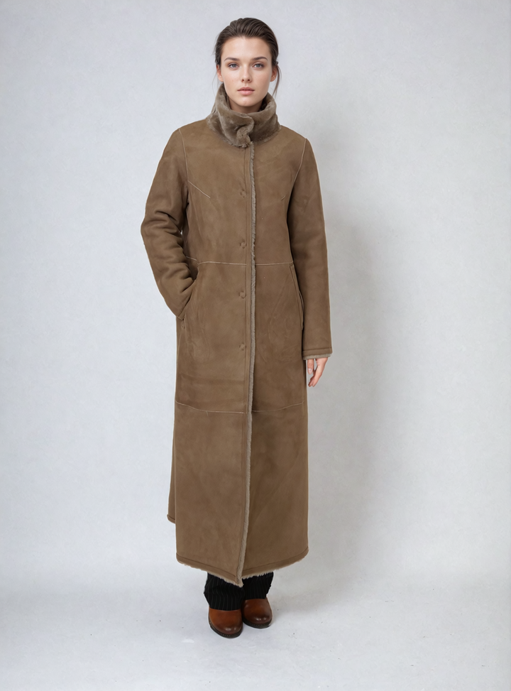 Flora, 125 cm. - Collar - Suede Lamb - Women shearling coat - Dark Oak