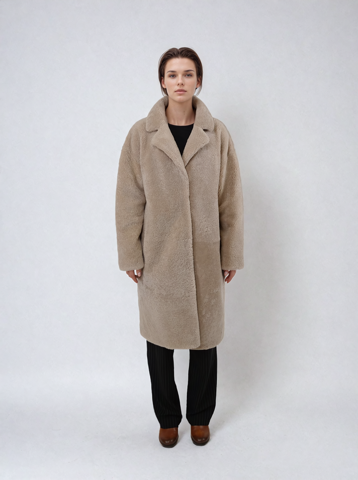 Hella, 95 cm. - Kragen - Curly Lamb - Jacke - Damen - Dunkelbeige