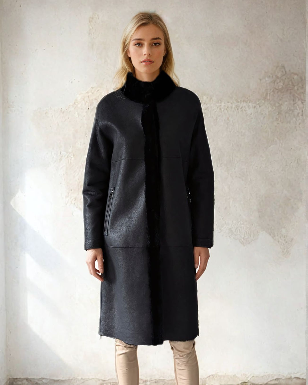 Carol, 105 cm. - Nappa Lamb Coat - Women - Black