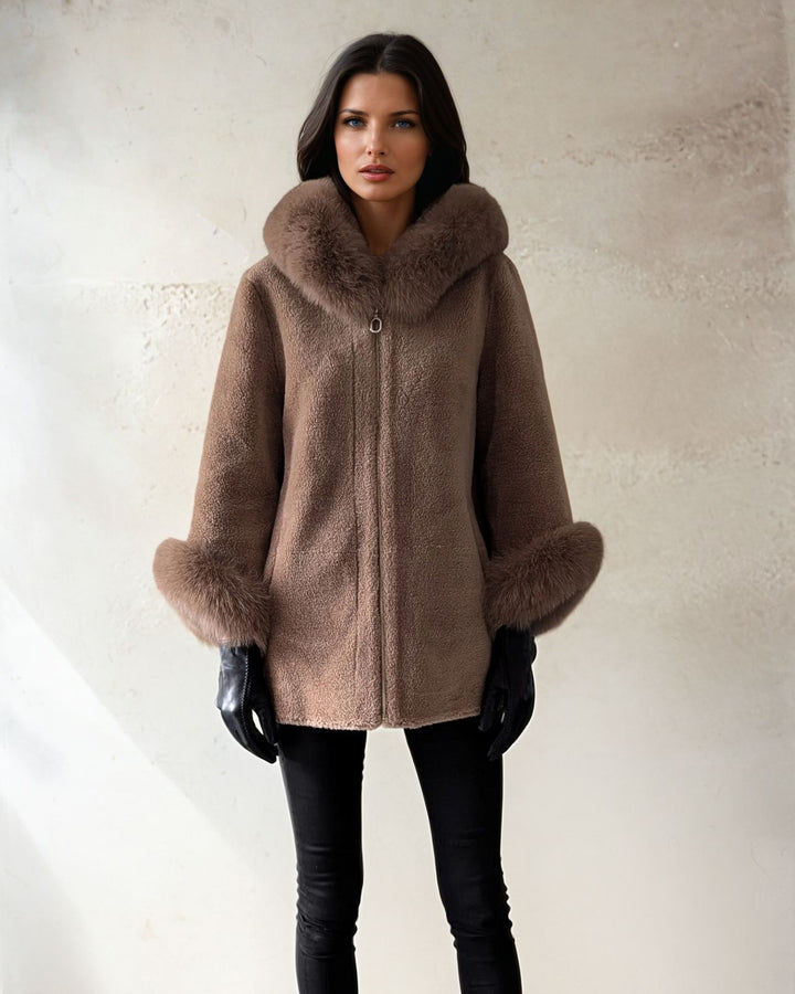 Franciane, 78 cm. - Kapuze - Air 100 % Wolljacke - Damen - Kastanienbraun