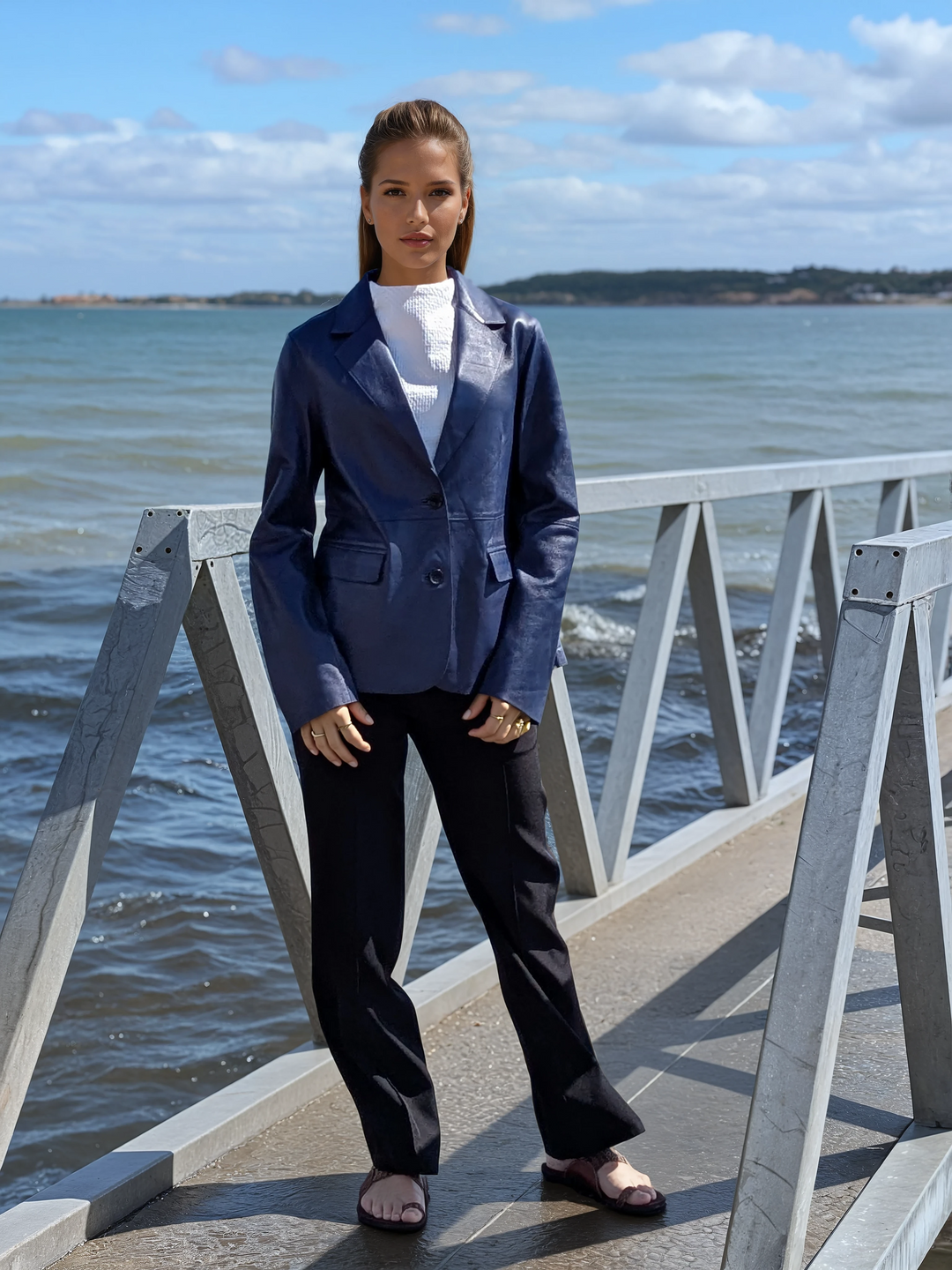 Nina Blazer, 60 cm. - Lamb Dior Bonded Leather-Women - Dusty Blue