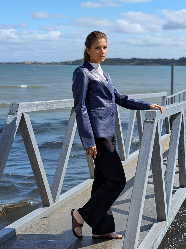 Nina Blazer, 60 cm. - Lamb Dior Bonded Leather-Women - Dusty Blue