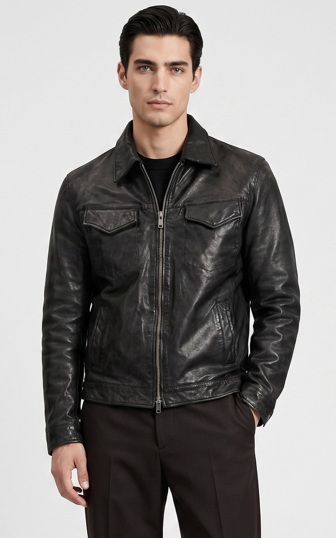 Black Leather Worker Jacket 87131 - Men