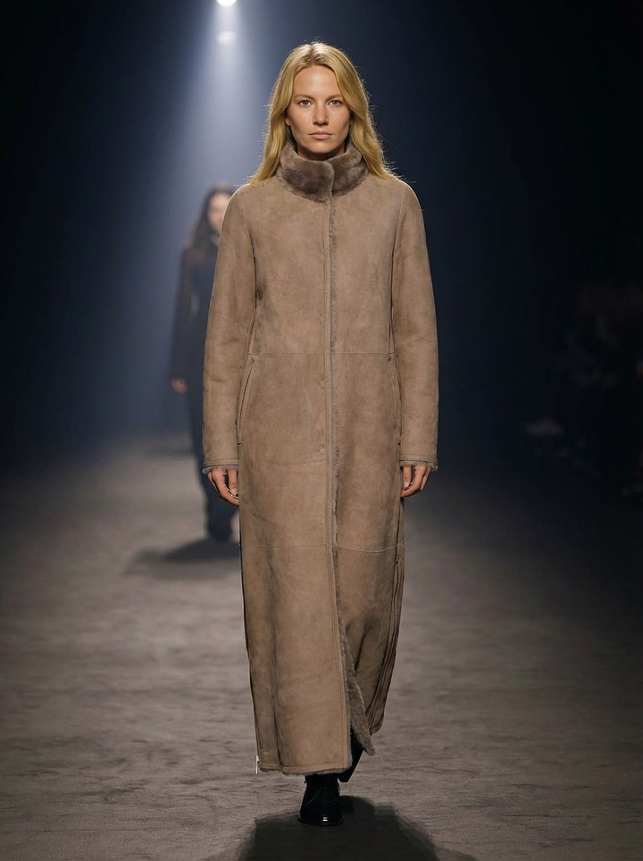 Flora, 125 cm. - Collar - Suede Lamb - Women shearling coat - Dark Oak