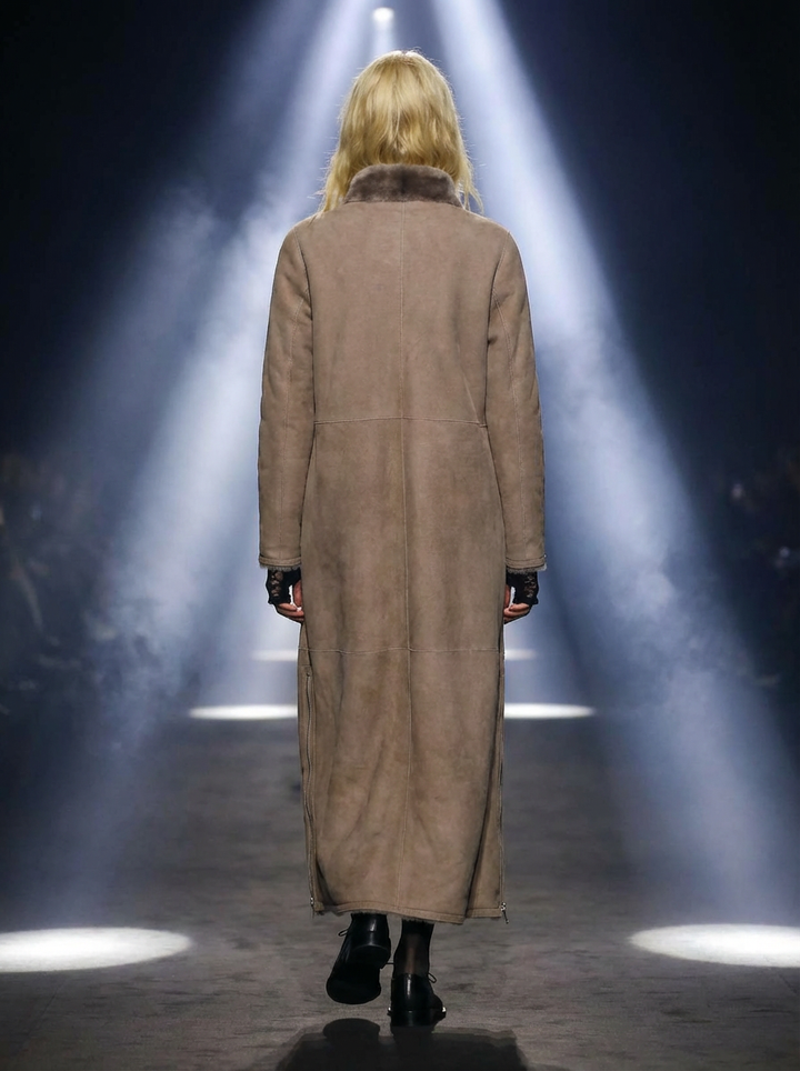 Flora, 125 cm. - Collar - Suede Lamb - Women shearling coat - Dark Oak