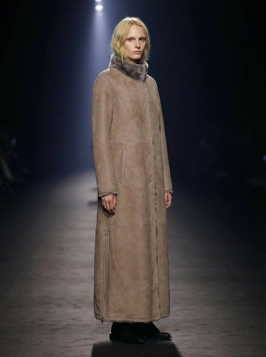 Flora, 125 cm. - Collar - Suede Lamb - Women shearling coat - Dark Oak