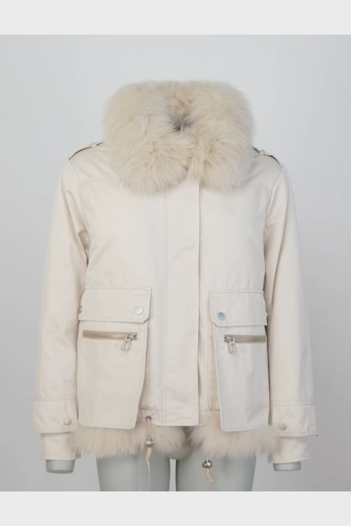 Fideline, 61 cm. - Textile Jacket with Fur Collar - Women - Off White