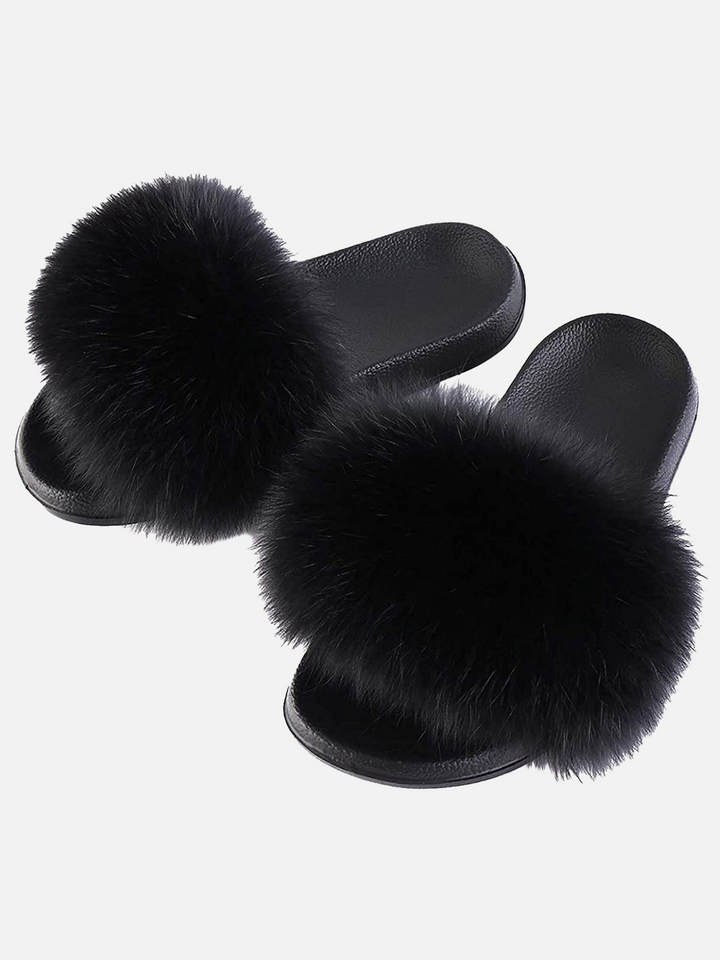 Pels slippers sort med pels - dame