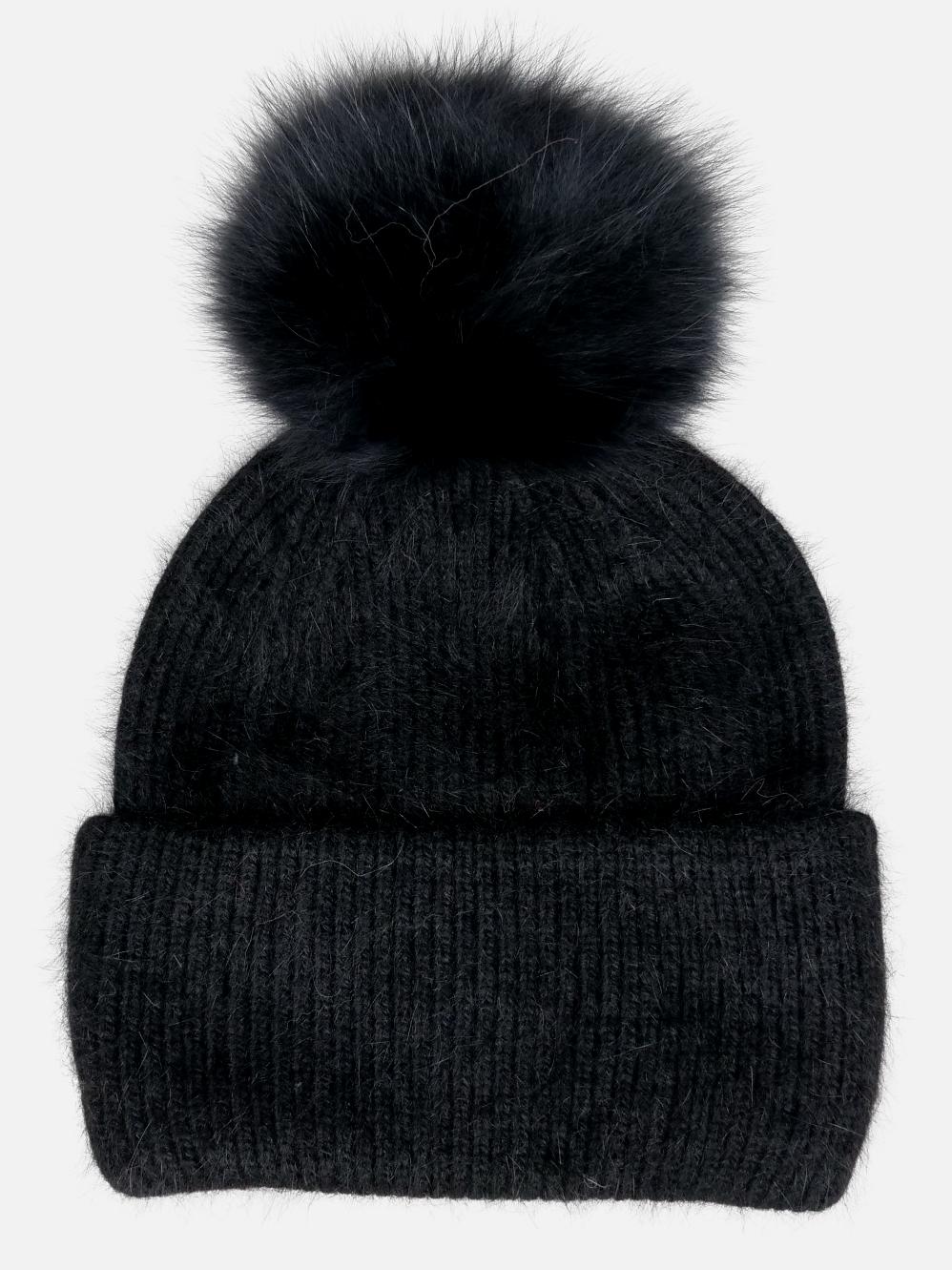 HL22C007 Angora Wool Fur Beanie med Pompom - Sort