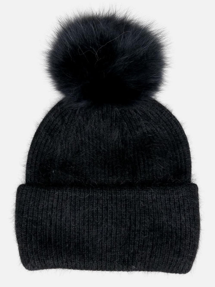 HL22C007 Angora Wool Fur Beanie med Pompom - Sort
